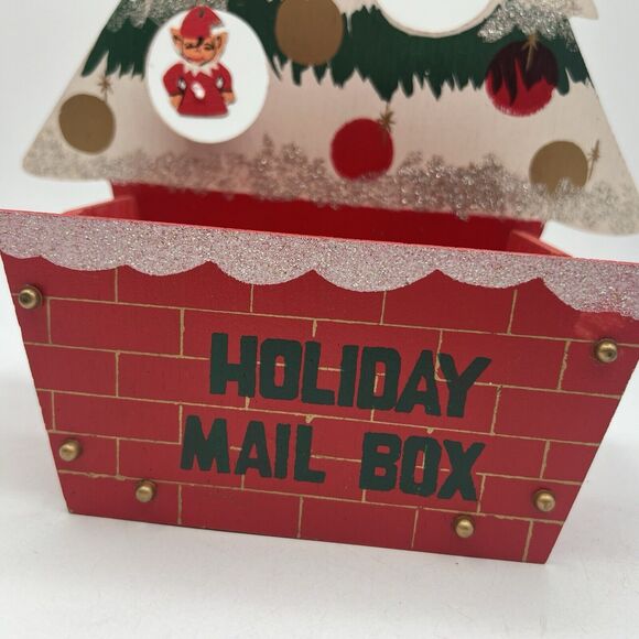 Vtg Wood Christmas Tree Card Holder Holiday Mail Box Kitsch Japan 14" Elf Santa - Picture 4 of 9
